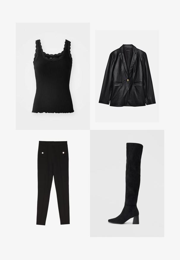 Black leather blazer with a notched lapel, single gold button closure, two front pockets, and smooth finish. Inner lining is dark.; Black ribbed tank top with lace trim on neckline and shoulders, featuring a scalloped hem and fitted design, made from stretch fabric.; Black tailored pants with a smooth texture, featuring two front pockets with decorative hardware accents, and a slim-fit design.; Black suede knee-high boot with block heel, pointed toe, and smooth, seamless design on a plain light background.