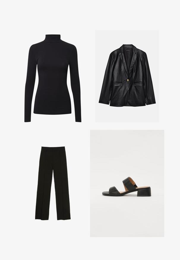 Zwarte leren blazer met een opstaande revers, sluiting met één gouden knoop, twee voorzakken en een gladde afwerking. Binnenvoering is donker.; Zwarte lange mouw turtleneck shirt van zacht, rekbaar materiaal, met een aansluitend ontwerp en naadloze constructie voor een gladde uitstraling.; Zwarte wijde pantalon gemaakt van een soepele stof, met een aansluitende tailleband en subtiele plooien aan de voorkant voor extra textuur.; Zwarte leren sandaal met twee brede banden over de voet, een vierkante neus en een lage blokhak. Glad textuur en minimaal ontwerp.
