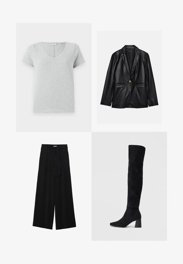 Must musta blazeri, millel on narmastega krae, üks kuldne nupulukk, kaks esist pockets ja sile viimistlus. Sisemine vooder on tume.; Hall värvi lühikeste varrukatega T-särk, mis on valmistatud pehmest kangast, V-kaelusega ja lõdva lõikega. Omab peent tekstuuri ja lihtsat disaini.; Mustad laiad püksid, millel on tekstureeritud kangas, elastne vöökoht ja eemaldatav pael vööst, et reguleerida sobivust.; Must must ümberpööratud musta nahast põlve kõrgune saapad blokknõelaga, terava varbaga ja sujuva, õmblusteta disainiga, asetatud heledale taustale.