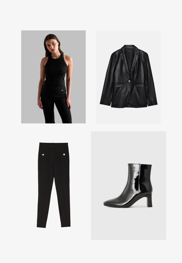 Juodas odinis švarkas su notch lapel, vienu auksiniu mygtuku užsegimu, dviem priekinėmis kišenėmis ir lygiu paviršiumi. Vidinėje pamušalo dalyje yra tamsi spalva.; Juoda siaura juostelė su apvaliu kaklu, priderinta dizaino ir plonomis petnešėlėmis, derinama su juodomis aukšto liemens kelnėmis, turinčiomis mažą logotipo elementą.; Juodos pritaikytos kelnės su lygia tekstūra, turi dvi priekinės kišenes su dekoratyviniais aksesuarais ir siaurą siluetą.; Juodos lakuotos odinės aulinukės su smailiu pirštu ir vidutinio aukščio blokuotu kulnu. Lygus paviršius ir minimalistinis dizainas.