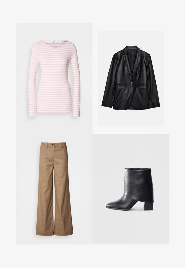 Blazer em couro preto com lapela recortada, fecho de um único botão dourado, dois bolsos frontais e acabamento suave. O forro interior é escuro.; Camisola de mangas longas em riscas rosa claro e branco, com um decote redondo e um design ajustado em tecido macio e elástico.; Calças de perna larga feitas de tecido liso e bege. Apresentam um fecho de botão na parte da frente, passantes para cinto e bolsos laterais. Linhas limpas, sem padrões visíveis.; Bota de tornozelo em couro preto com bico afilado, textura suave e um salto bloco estruturado. Apresenta um design de cano alto e dobrado.