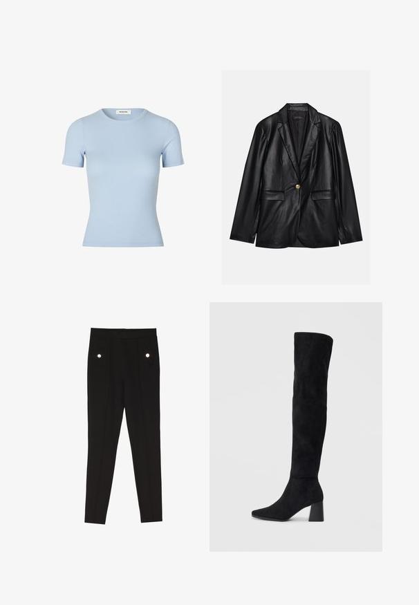 Sort læderblazer med klapkrave, enkelt guldknaplukning, to forlommer og glat finish. Inderlinningen er mørk.; Lyseblå ribbet t-shirt med korte ærmer og rund halsudskæring. Blød tekstur, tætsiddende design uden synlige logoer eller udsmykninger.; Sorte skrædderbukser med en glat tekstur, der har to forlommer med dekorative hardwaredetaljer og en slim-fit design.; Sorte ruskind støvler i knæhøjde med blokheel, spids tå og glat, sømløs design på en enkel lys baggrund.