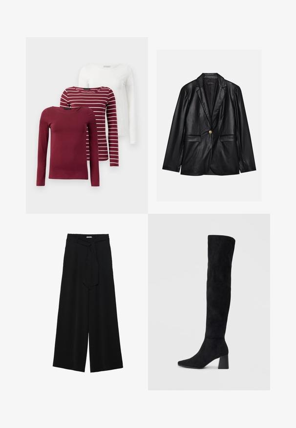 Black leather blazer with a notched lapel, single gold button closure, two front pockets, and smooth finish. Inner lining is dark.; Three long-sleeve t-shirts: one solid burgundy, one burgundy with white stripes, and one solid white. All are made of soft, stretchable fabric.; Black wide-leg pants featuring a textured fabric, an elastic waistband, and a detachable sash tie at the waist for adjustable fit.; Black suede knee-high boot with block heel, pointed toe, and smooth, seamless design on a plain light background.