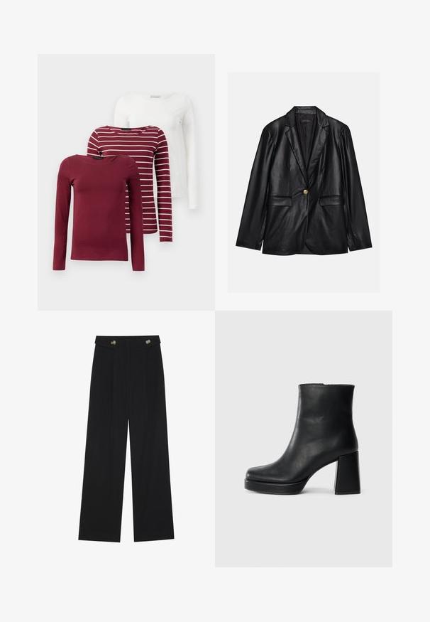 Blazer em couro preto com lapela recortada, fecho de um único botão dourado, dois bolsos frontais e acabamento suave. O forro interior é escuro.; Três t-shirts de manga longa: uma de cor burgundy sólida, uma burgundy com riscas brancas e uma branca sólida. Todas são feitas de um tecido macio e elástico.; Calças largas pretas com cintura alta, detalhes em botão na cintura e pregas frontais.; Bota de couro preta até ao tornozelo com salto bloco e sola com plataforma, vista de lado sobre um fundo branco liso.