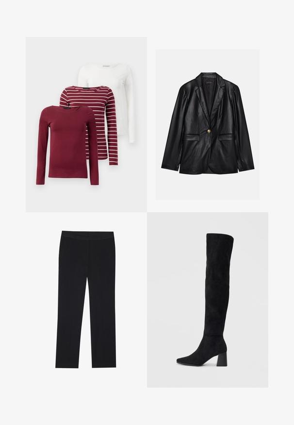 Blazer em couro preto com lapela recortada, fecho de um único botão dourado, dois bolsos frontais e acabamento suave. O forro interior é escuro.; Três t-shirts de manga longa: uma de cor burgundy sólida, uma burgundy com riscas brancas e uma branca sólida. Todas são feitas de um tecido macio e elástico.; Calças pretas com um design de perna reta, apresentando bolsos laterais e uma textura de tecido suave. Detalhes mínimos, cós limpo.; Bota de camurça preta até ao joelho com salto bloco, bico fino e design suave e sem costuras sobre um fundo claro.