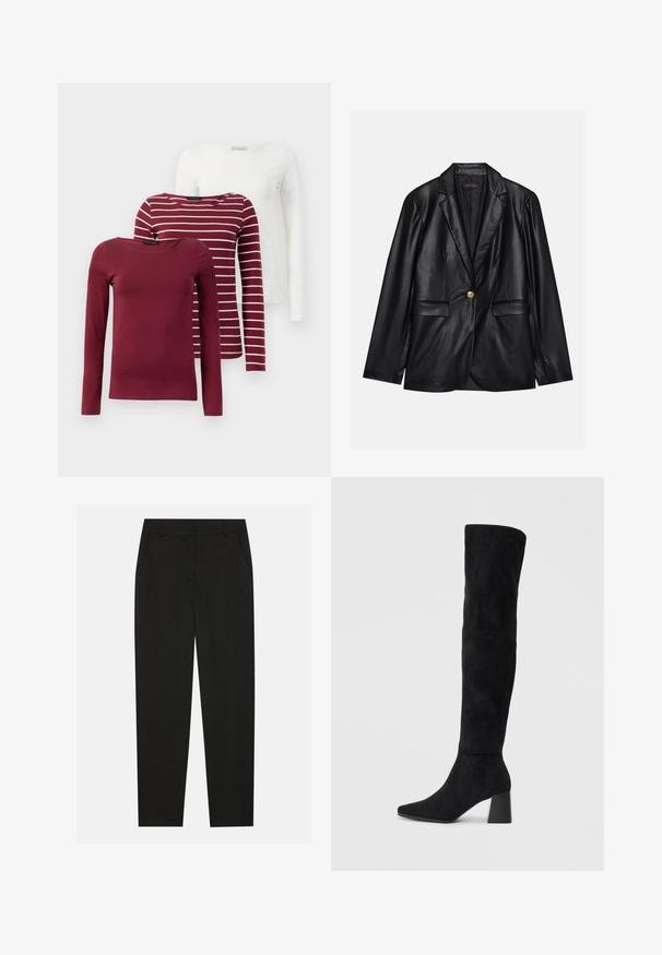Sacou din piele neagră cu rever ascuțit, închidere cu un singur nasture auriu, două buzunare frontale și finisaj neted. Captuseala interioară este de culoare închisă.; Trei tricouri cu maneci lungi: unul de culoare burgundy uniform, unul burgundy cu dungi albe și unul alb uniform. Toate sunt fabricate dintr-un material moale și elastic.; Pantaloni negri cu un design croit, dotati cu buzunare laterale si un croi drept. Fabricati dintr-un material neted, usor, cu un finisaj elegant.; Cizme negre din suede, cu toc bloc, vârf ascuțit și un design neted, fără cusături, pe un fundal deschis.