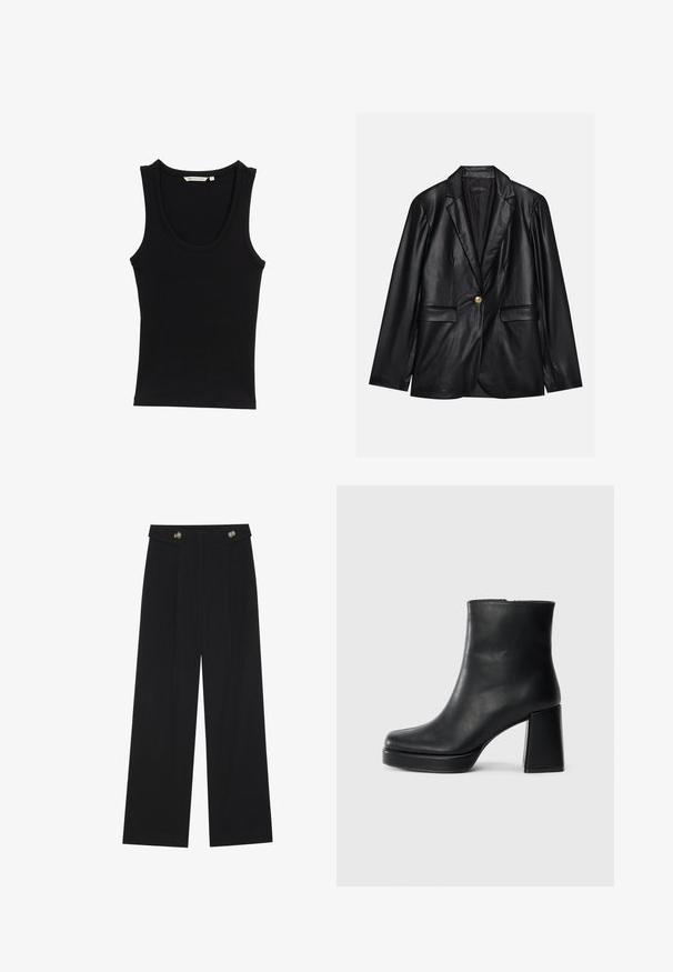 Sort læderblazer med klapkrave, enkelt guldknaplukning, to forlommer og glat finish. Inderlinningen er mørk.; Sort tanktop lavet af ribbet stof, med en rund halsudskæring og brede skulderstropper. Ingen synlige mønstre eller accenter.; Sorte vide bukser med høj talje, knapdetaljer på taljebåndet og frontfald.; Sort læder ankelstøvle med blokhæl og platformssål, set fra siden på en ensfarvet hvid baggrund.