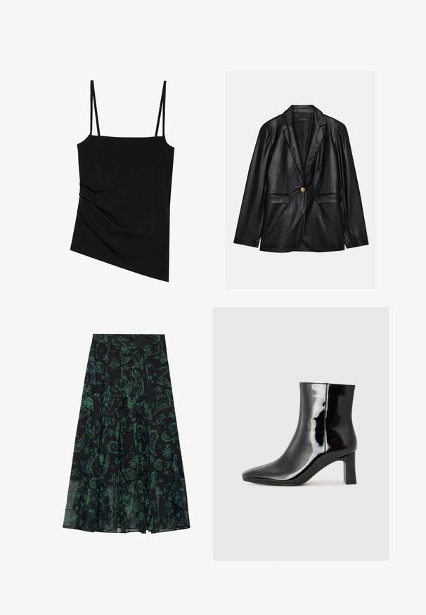 Schwarze Lederblazer mit Reverskragen, einem einzelnen goldenen Knopfverschluss, zwei Vorderaschen und glatter Oberfläche. Futter ist dunkel.; Schwarzes, ärmelloses Oberteil mit dünnen Trägern; hat ein drapiertes Design auf einer Seite und eine glatte Textur; aus dehnbarem Stoff gefertigt.; Schwarzer Rock mit grünem Blumenmuster, mit gefransten Kanten und Falten. Hergestellt aus leichtem Stoff, bietet er eine fließende Silhouette.; Schwarzer Lackleder-Stiefelette mit spitzer Zehe und einem mittelhohen Blockabsatz. Glatte Textur und minimalistisches Design.