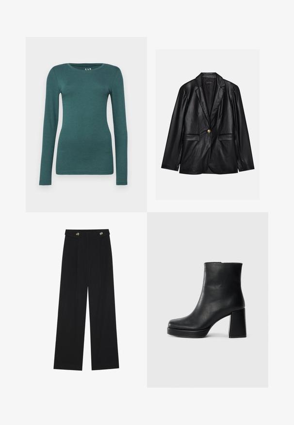 Mustapitsin takki, jossa on viiksikäänteet, yksittäinen kultaknoppi, kaksi etutaskua ja sileä pinta. Sisävuori on tumman värinen.; GAP CREW - Pitkähihainen paita - moores green; Mustat leveälahkeiset housut, joissa on korkea vyötärö, napit vyötärönauhassa ja etupuolella laskokset.; Musta nahkasaapas nilkkapituisena, jossa on paksu korko ja alustapohja, nähtynä sivulta yksinkertaisella valkoisella taustalla.