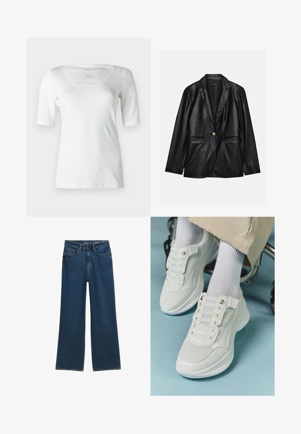 Must musta blazeri, millel on narmastega krae, üks kuldne nupulukk, kaks esist pockets ja sile viimistlus. Sisemine vooder on tume.; Valge lühikeste varrukatega t-särk, ümmargune kaelus, valmistatud siledast kangast, baaritud lõikes ja minimaalse kaunistusega. Siseosas on märk size 5.; Laialdased denim teksad tumesinises, viie tasku disainiga, nööpidega lukuga ja õmblustes diskreetsete detailidega.; Valged spordijalatsid, millel on võrkmaterjal, kummitald, sidumata disain elastsete riba ja kuldsete detailidega.