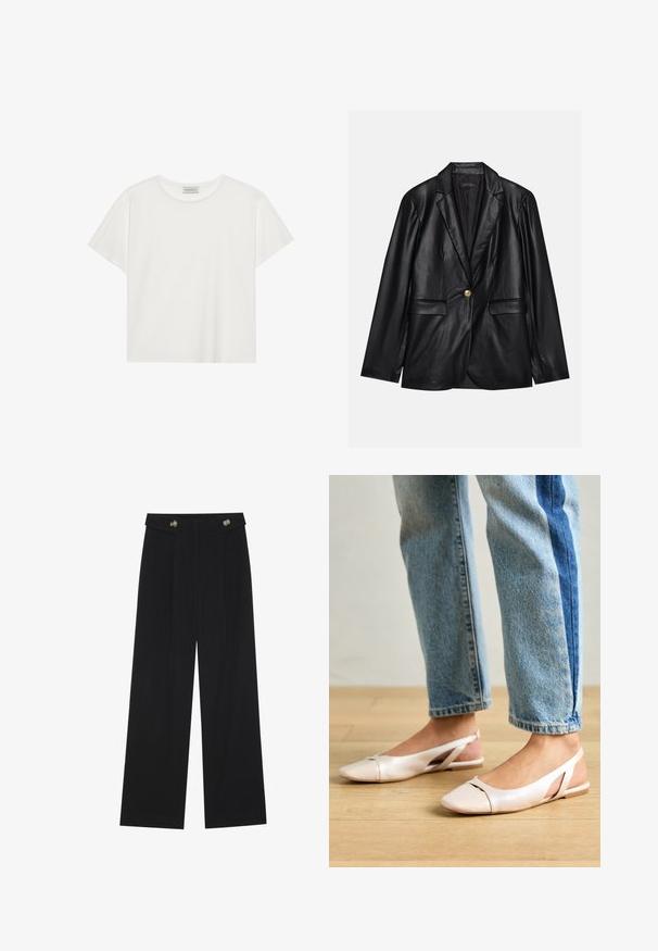 Blazer em couro preto com lapela recortada, fecho de um único botão dourado, dois bolsos frontais e acabamento suave. O forro interior é escuro.; T-shirt branca de manga curta feita de algodão macio. Apresenta um decote redondo e um corte descontraído. Design limpo sem padrões ou detalhes visíveis.; Calças largas pretas com cintura alta, detalhes em botão na cintura e pregas frontais.; Sapatilhas slingback de cor rosa pálido com bico fino, feitas de um material semelhante a couro liso. Apresentam detalhes recortados nas laterais e um salto plano.