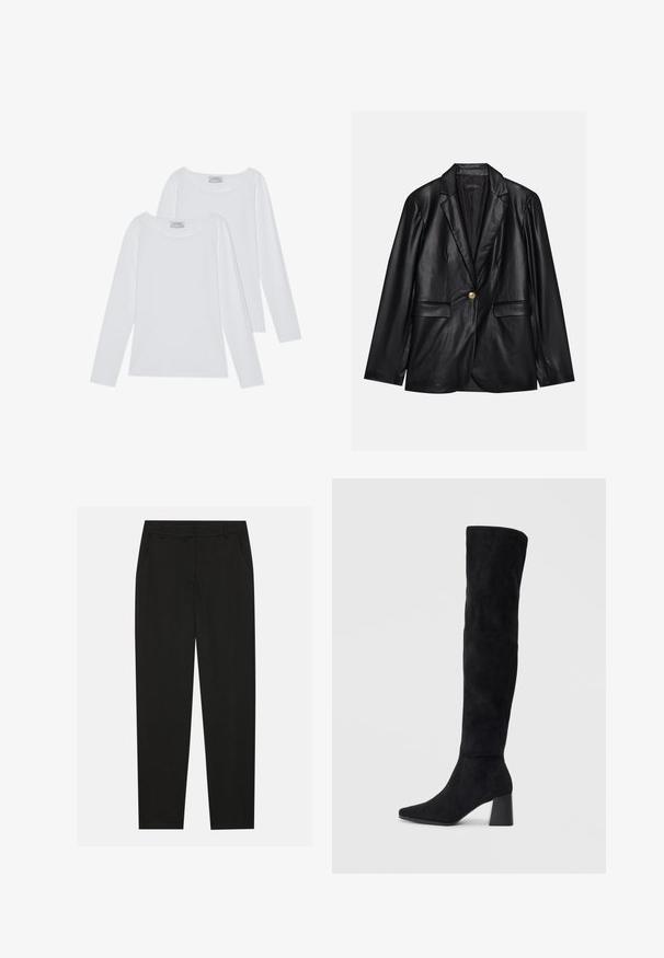 Black leather blazer with a notched lapel, single gold button closure, two front pockets, and smooth finish. Inner lining is dark.; Two long-sleeve tops in white, featuring rounded necklines and soft fabric, with minimal seams and clean lines for a versatile look.; Black trousers with a tailored design, featuring side pockets and a straight leg. Made from smooth, lightweight fabric with a sleek finish.; Black suede knee-high boot with block heel, pointed toe, and smooth, seamless design on a plain light background.