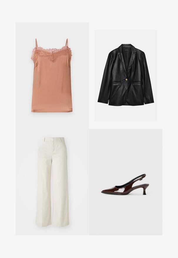 Zwarte leren blazer met een opstaande revers, sluiting met één gouden knoop, twee voorzakken en een gladde afwerking. Binnenvoering is donker.; Cami-top in zachte rozenstof, met verstelbare bandjes en een kantafwerking langs de halslijn. Gladde textuur met een relaxte pasvorm.; Brede broek in een lichte beige kleur, gemaakt van een gladde stof. Kenmerkt zich door een klassieke tailleband en een vlakke voorkant met strakke lijnen.; Bruine gepatineerde leren slingback-schoen met een spitse neus en een gematigd hakje. Voorzien van een gespsluiting voor een veilige pasvorm. Glad van textuur.