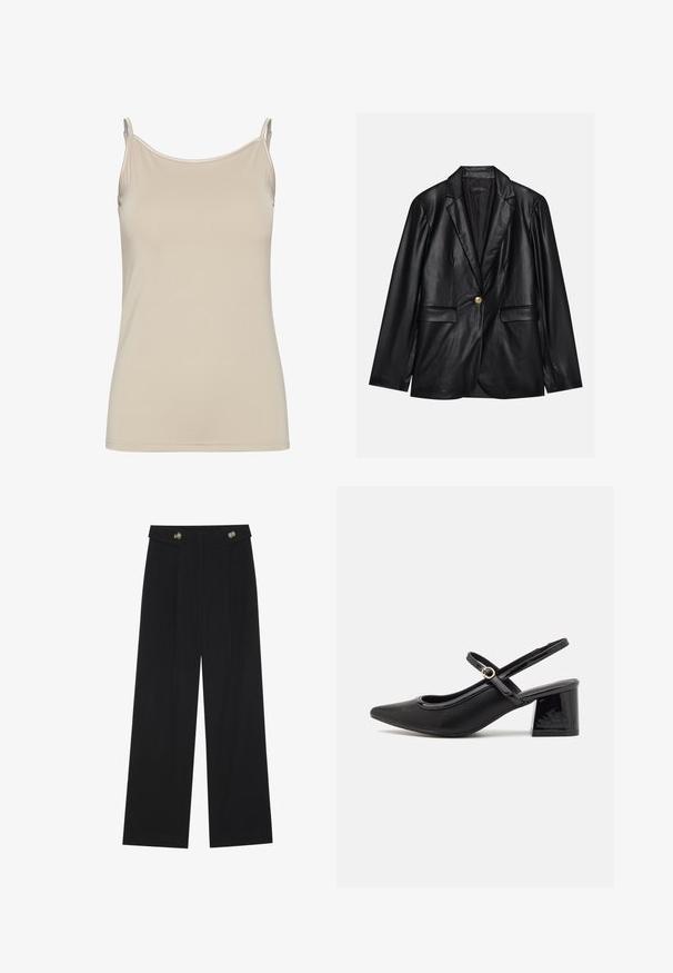 Črni usnjeni blejzer z izrezanim ovratnikom, enojnim zlatim gumbom, dvema sprednjima žepoma in gladko površino. Notranja podloga je temna.; Bež majica bez rukava, izdelana iz gladkega blaga, z tankimi naramnicami in preprostim, prilegajočim se dizajnom ter čistim izrezom brez vzorcev.; Črne široke hlače s visokim pasom, gumbnimi detajli na pasu in sprednjimi gubami.; Črne patentne usnjene salonarce s slingback obliko, s koničastim nosom, zaobljenim izrezom in blok peto. Imajo zlato kovinsko zaponko kot dodatno okrasje.