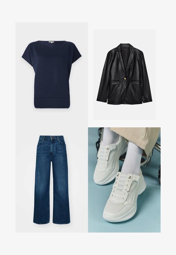 Mustapitsin takki, jossa on viiksikäänteet, yksittäinen kultaknoppi, kaksi etutaskua ja sileä pinta. Sisävuori on tumman värinen.; Tummansininen lyhythihainen paita, jossa on rento malli, pyöreä pääntie ja hienovarainen rakenne. Pehmeä kangas, jonka helma kaartuu hieman ylöspäin.; Korkeavyötäröiset, leveälahkeiset farkut tummansinisestä denimistä, jossa on sileä pinta, kontrastivärinen ommel ja viisi taskua. Edessä nappisulku.; Valkoiset lenkkarit, joissa on verkkokangas, kumipohja, nauhattomuus elastisilla nauhoilla ja kultatäyteiset yksityiskohdat.