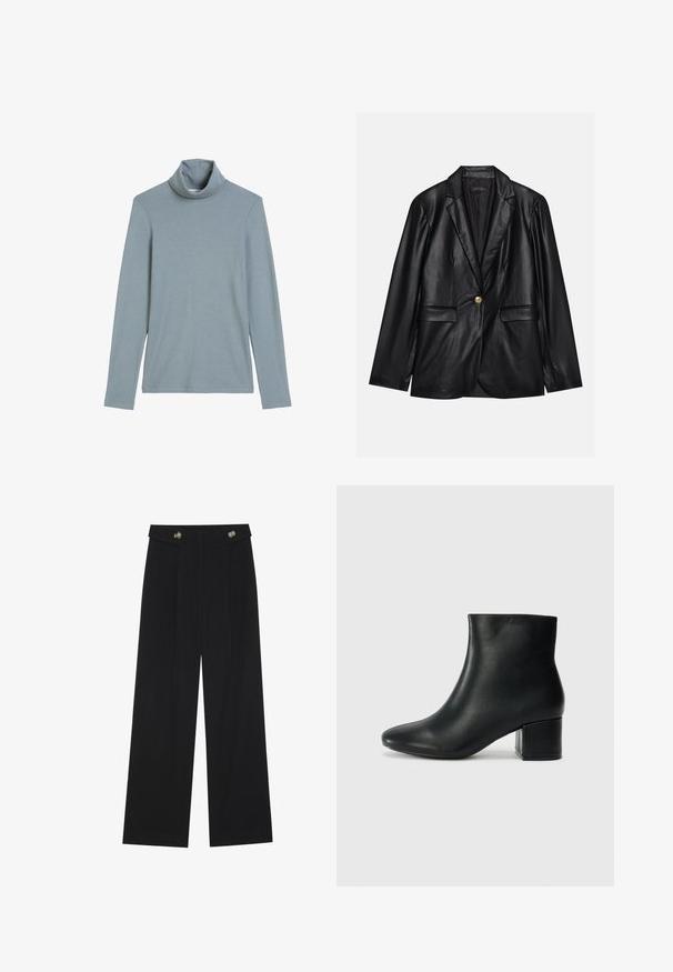Sacou din piele neagră cu rever ascuțit, închidere cu un singur nasture auriu, două buzunare frontale și finisaj neted. Captuseala interioară este de culoare închisă.; Cămașă cu mânecă lungă, de culoare albastru deschis, cu guler rulat și textură simplă, netedă a materialului, pe un fundal alb.; Pantaloni negri cu picioare largi, talie înaltă, detalii cu butoane pe talie și pliseuri în față.; Cizme negre din piele până la gleznă, cu vârf ascuțit și toc robust. Textură netedă, cu accente minime și un design elegant, ajustat.