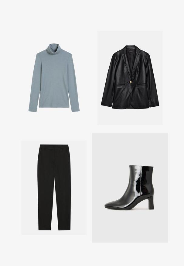 Zwarte leren blazer met een opstaande revers, sluiting met één gouden knoop, twee voorzakken en een gladde afwerking. Binnenvoering is donker.; Lichtblauw langemouwen turtleneckshirt met een opgevouwen hals en een eenvoudige, gladde stoftextuur op een witte achtergrond.; Zwarte broek met een tailormade ontwerp, voorzien van zijzakken en een rechte pijp. Gemaakt van een soepele, lichte stof met een strakke afwerking.; Zwarte gepolijste leren enkellaars met een spitse neus en een blokhak van gemiddelde hoogte. Glad textuur en minimalistisch ontwerp.