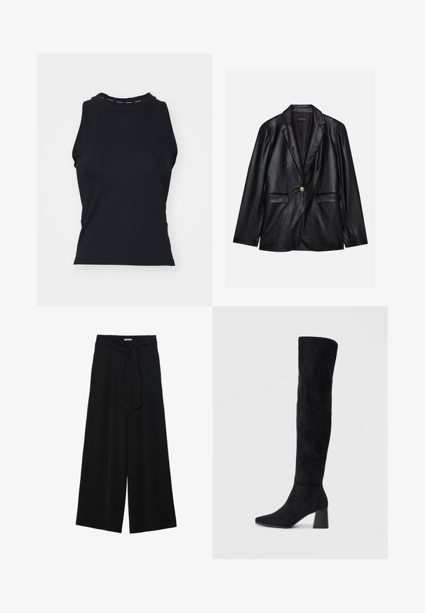 Melnas ādas žakete ar ieliektām atlokām, vienu zelta pogu aizdari, divām priekšējām kabatām un gludu apdari. Iekšējā odere ir tumša.; Melnas bez piedurknēm augstākā kakla blūze. Izgatavota no gludas, elastīgas auduma ar logo, kas drukāts uz apkakles. Minimālisma dizains.; Melni platleņķa bikses ar teksturētu audumu, elastīgu jostu un noņemamu siksnu viduklī, kas nodrošina regulējamu piegulšanu.; Melna zamšāda līdz ceļiem, ar blokveida papēdi, norādītu purngalu un gludu, bezšuvju dizainu uz vienkārša gaiša fona.