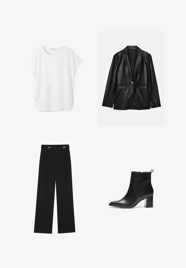 Fekete bőr blézer, kihajtott gallérral, egyetlen arany gombbal záródik, két elülső zsebbel rendelkezik, és sima felülettel bír. Belső bélése sötét színű.; Fehér, rövid ujjú blúz puha anyagból. Kerek nyakú, kis kivágással és enyhén ívelt aljjal rendelkezik, a laza illeszkedés érdekében.; Fekete, bő szárú nadrág magas derékkal, gombos részletekkel a derékrészen és elülső pliszékkal.; Fekete bőr bokacsizma kerek orral, közepes magasságú blokk sarkával és hátsó húzófüllel. Sima felület, minimalista kialakítás.