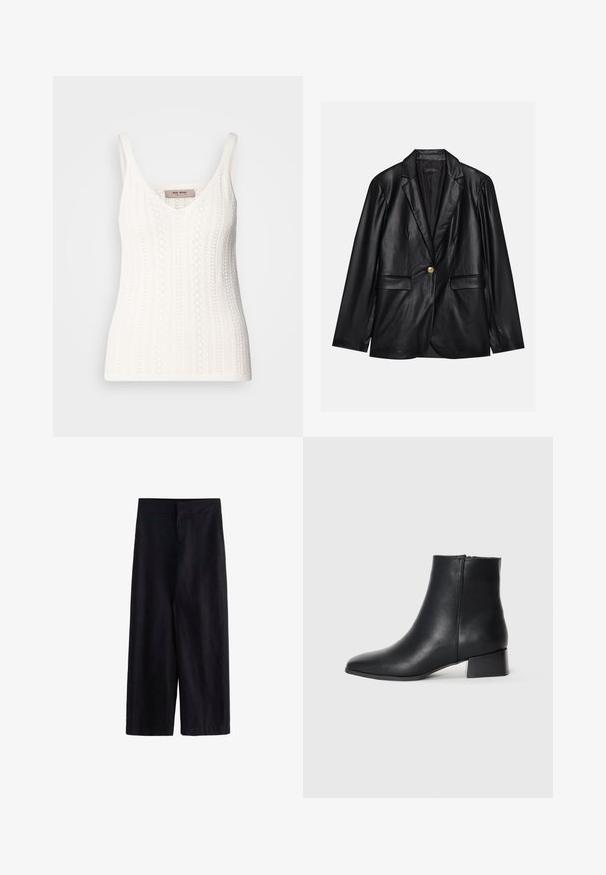 Blazer de cuero negro con solapa muestrada, cierre con un solo botón dorado, dos bolsillos frontales y un acabado suave. El forro interior es oscuro.; Top de punto blanco con escote en V, tirantes finos y un patrón texturizado con detalles en zigzag. La etiqueta dice "MOS MOSH."; Pantalones de pierna ancha negros, confeccionados en una tela ligera. Cuentan con una cinturilla plana, cremallera frontal y bolsillos, adecuados para uso casual o formal.; Botín de cuero negro hasta el tobillo con puntera afilada y tacón bloque bajo, con una textura suave y un diseño minimalista.