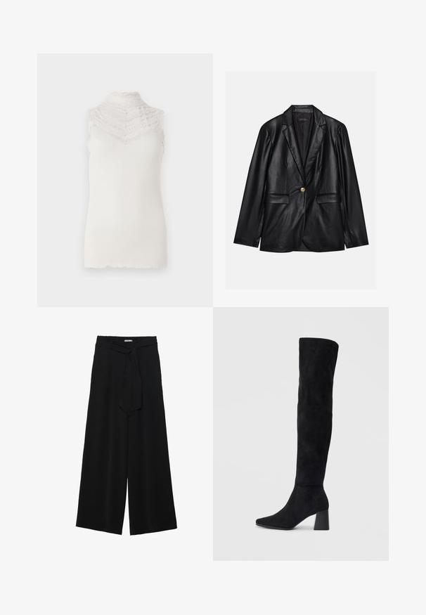 Czarna skórzana marynarka z klapami, pojedynczym zapięciem na złoty guzik, dwoma kieszeniami z przodu i gładkim wykończeniem. Podszewka jest ciemna.; Bezrękawowa biała bluzka z wysokim koronkowym kołnierzem o falbanii, prążkowaną fakturą oraz dopasowanym krojem.; Czarne spodnie szerokie z teksturowanej tkaniny, z elastycznym paskiem w talii i odpinanym paskiem w talii dla regulowanego dopasowania.; Czarne zamszowe botki do kolan na kwadratowym obcasie, z wydłużonym noskiem i gładkim, bezszwowym wzorem na jednolitym jasnym tle.