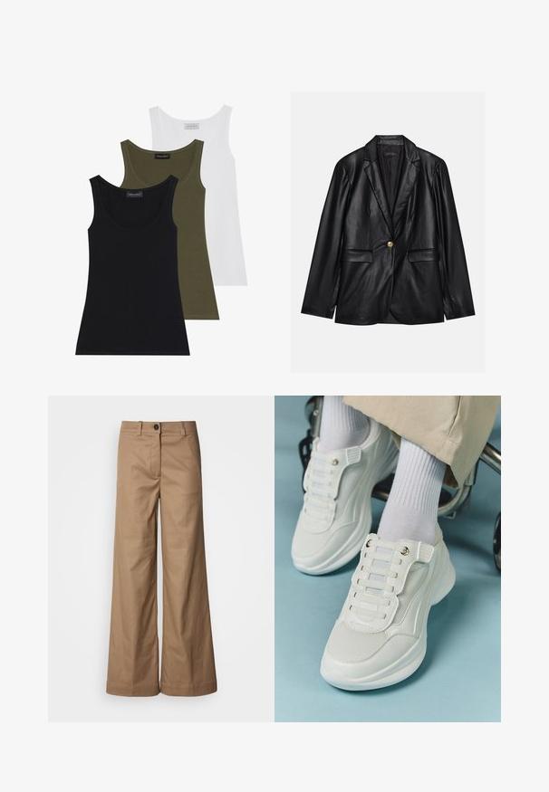 Blazer em couro preto com lapela recortada, fecho de um único botão dourado, dois bolsos frontais e acabamento suave. O forro interior é escuro.; Três tops pretos, verde oliva e brancos. Tecido suave com decote arredondado, apresentando um design simples e sem adornos.; Calças de perna larga feitas de tecido liso e bege. Apresentam um fecho de botão na parte da frente, passantes para cinto e bolsos laterais. Linhas limpas, sem padrões visíveis.; Tênis brancos com material em rede, sola de borracha, design sem atacadores com faixas elásticas e detalhes em tom dourado.