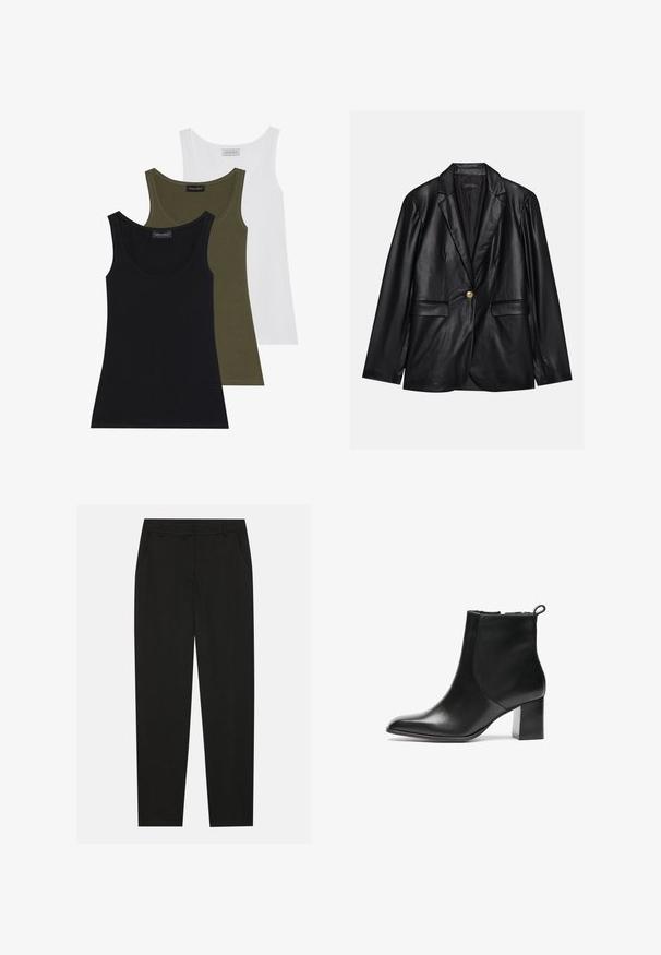 Fekete bőr blézer, kihajtott gallérral, egyetlen arany gombbal záródik, két elülső zsebbel rendelkezik, és sima felülettel bír. Belső bélése sötét színű.; Három ujjatlan trikó fekete, olíva zöld és fehér színben. Puha anyagból, mély nyakkivágással, egyszerű dizájnnal és díszítések nélkül.; Fekete nadrág testreszabott kialakítással, oldalsó zsebekkel és egyenes lábbal. Simább, könnyű szövetből készült, elegáns felülettel.; Fekete bőr bokacsizma kerek orral, közepes magasságú blokk sarkával és hátsó húzófüllel. Sima felület, minimalista kialakítás.