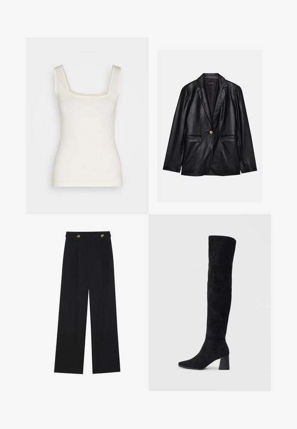 Sort læderblazer med klapkrave, enkelt guldknaplukning, to forlommer og glat finish. Inderlinningen er mørk.; Cremefarvet top med firkantet halsudskæring, smalle stropper og tætsiddende silhuet. Lavet af blødt, strækbart stof. Ingen mønstre eller dekorationer.; Sorte vide bukser med høj talje, knapdetaljer på taljebåndet og frontfald.; Sorte ruskind støvler i knæhøjde med blokheel, spids tå og glat, sømløs design på en enkel lys baggrund.