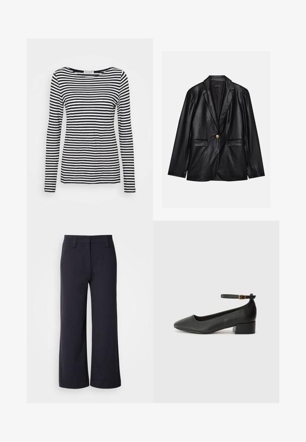 Blazer em couro preto com lapela recortada, fecho de um único botão dourado, dois bolsos frontais e acabamento suave. O forro interior é escuro.; Camisa de manga longa com decote redondo, apresentando um padrão de riscas em preto e branco. Feita de um tecido suave com um corte regular. Design limpo e minimalista.; Calças largas de tecido azul marinho escuro. Apresentam uma frente lisa, passantes para cinto e bolsos laterais. O material é suave com um ligeiro alongamento.; Sandal de pele preta com bico pontiagudo e um salto bloco baixo. Apresenta uma tira no tornozelo com uma fivela em tom dourado. Textura suave.