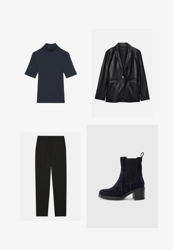 Blazer em couro preto com lapela recortada, fecho de um único botão dourado, dois bolsos frontais e acabamento suave. O forro interior é escuro.; Top de gola alta em azul marinho escuro, de manga curta, feito de tecido canelado. Apresenta uma silhueta ajustada e uma textura suave.; Calças pretas com um design ajustado, apresentando bolsos laterais e pernas retas. Feitas de um tecido suave e leve com um acabamento elegante.; Bota de tornozelo em camurça azul-marinho com painel elástico lateral, bico redondo e salto bloco. O tecido texturizado e a sola lisa criam um contraste.