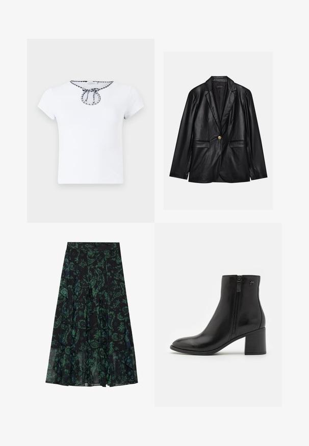 Sacou din piele neagră cu rever ascuțit, închidere cu un singur nasture auriu, două buzunare frontale și finisaj neted. Captuseala interioară este de culoare închisă.; Tricou alb cu mânecă scurtă, având un decolteu asemănător unui guler rotund, cu un detaliu din șnur în carouri alb-negru la gât. Textură de țesătură moale.; Fustă neagră cu model floral verde, având margini volanate și pliseuri. Fabricată dintr-un material ușor, oferind o siluetă fluidă.; Bocanci negri la gleznă, din piele netedă, cu fermoar pe lateral. Au vârful ascuțit și un toc texturat pentru stabilitate.