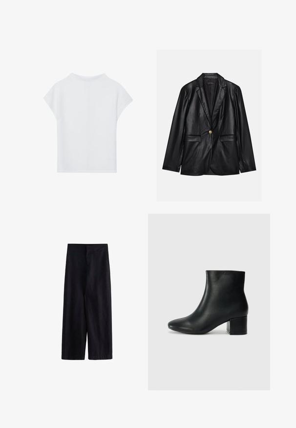 Črni usnjeni blejzer z izrezanim ovratnikom, enojnim zlatim gumbom, dvema sprednjima žepoma in gladko površino. Notranja podloga je temna.; Bela majica s kratkimi rokavi, ki ima sproščen kroj, lahkoten material in okrogel izrez. Zadnji pogled prikazuje gladko, preprosto zasnovo.; Črne široke hlače, narejene iz lahke tkanine. Imajo ravno širino v pasu s sprednjim zadrgo in žepi, primerne za vsakodnevno ali formalno nošnjo.; Črne usnjene gležnjarje s koničastim nosom in debelim peto. Gladka tekstura z minimalnimi detajli in eleganten, prilegajoč dizajn.