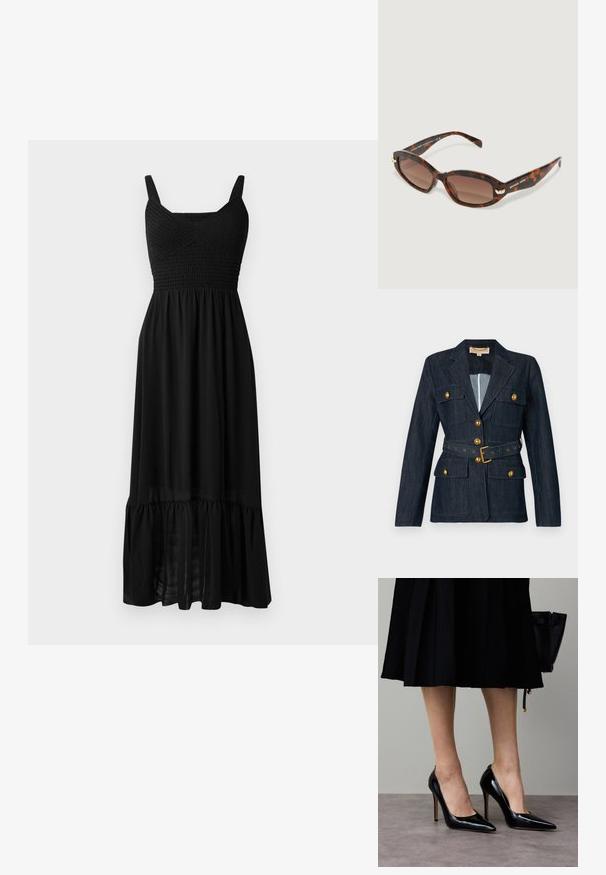 Dark denim blazer with gold buttons and belt, featuring four flap pockets and a notched collar.; Black maxi dress featuring a smocked bodice, adjustable straps, and a tiered ruffle hem. Made from lightweight, flowing fabric with a smooth texture.; Black patent leather high-heeled pumps with a pointed toe and low-cut vamp, featuring a sleek silhouette and shiny texture.; Tortoiseshell sunglasses with brown gradient lenses. Oval shape with gold-tone hardware accents. Textured finish on the temples.; Dark brown leather handbag with a triangular shape, sleek design, gold hardware accents, and a wide shoulder strap.