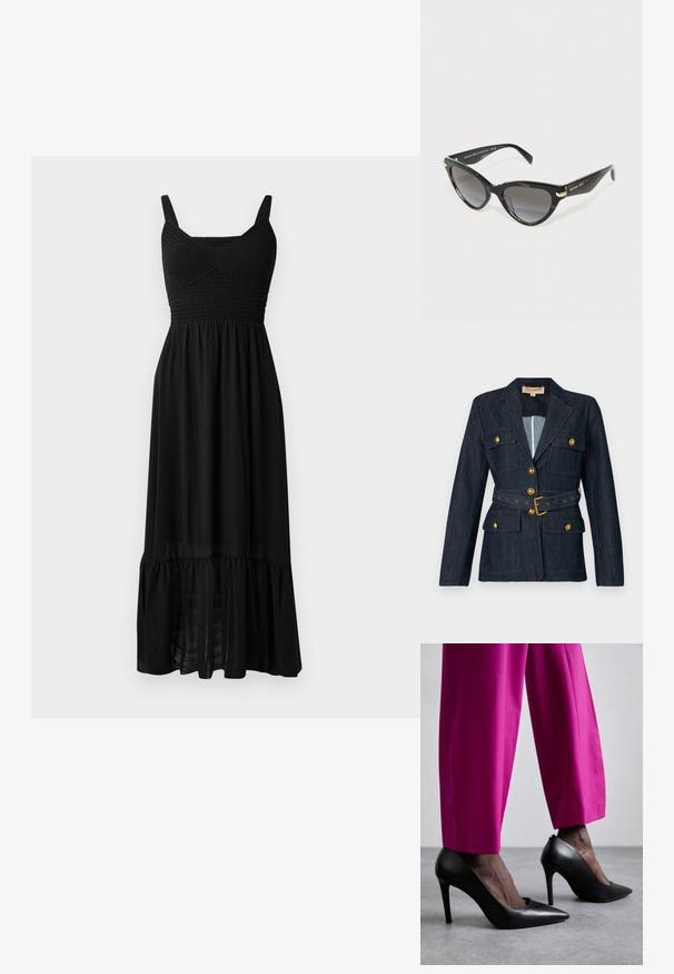 Blazer en denim foncé avec des boutons dorés et une ceinture, doté de quatre poches à rabat et d'un col cranté.; Robe maxi noire avec un corsage smocké, des bretelles réglables et un ourlet à volants en couches. Fabriquée en tissu léger et fluide avec une texture lisse.; Chaussures à talons hauts noires avec un design à bout pointu et une texture en cuir lisse. Associées à des pantalons ajustés rose vif.; Lunettes de soleil Michael Kors de style œil de chat noires avec des verres dégradés foncés et des accents en or au niveau des branches, sur fond blanc.; Sac à main en cuir noir avec ferrures dorées, forme rectangulaire, doubles poignées supérieures et un détail de serrure, présenté sur un fond clair.