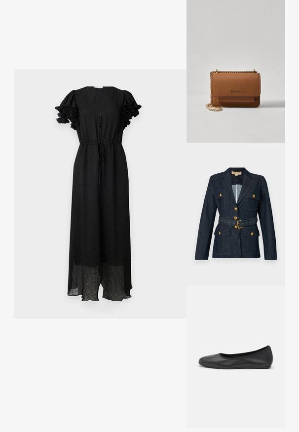 Tmavě modrý denimový blazer se zlatými knoflíky a páskem, s čtyřmi kapsami na klopy a límcem s notchem.; Černé šaty s véčkovým výstřihem, volánkovými krátkými rukávy, knoflíkovou přední stranou a stahovacími pasem; mají texturovanou látku a délku až k podlaze.; Černé kožené baletní byty s kulatou špičkou, hladkou texturou, minimálními švy a flexibilním designem podrážky.; Hnědá texturovaná kožená kabelka přes rameno se zlatým řetízkovým popruhem a klopnovým uzavíráním. Přední strana obsahuje detail loga a kapsu pod klopou.