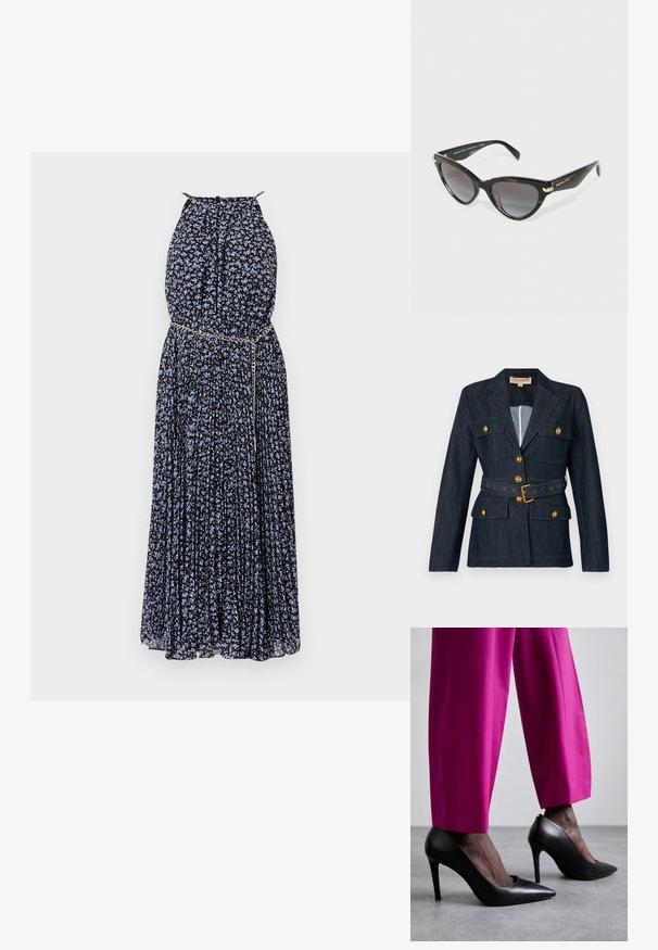Ciemnoniebieski żakiet z złotymi guzikami i paskiem, z czterema kieszeniami z klapami i wyciętym kołnierzem.; Sukienka maxi z czarnego materiału w niebieski kwiatowy wzór, plisowany fason, z dekoltem na szyję i metalowym łańcuszkiem w talii.; Czarne szpilki z wydłużonym noskiem i gładką skórzaną teksturą. W zestawie z jasnoróżowymi, dopasowanymi spodniami.; Czarne okulary przeciwsłoneczne Michael Kors w kształcie kociego oka z gradientowymi, ciemnymi soczewkami i złotymi akcentami logo na zausznikach, na białym tle.; Brązowa zamszowa torba na ramię o gładkiej teksturze, z dużym otwartym czubkiem i kontrastującymi akcentami skórzanymi na pasku. Widoczne detale w kolorze złotym.