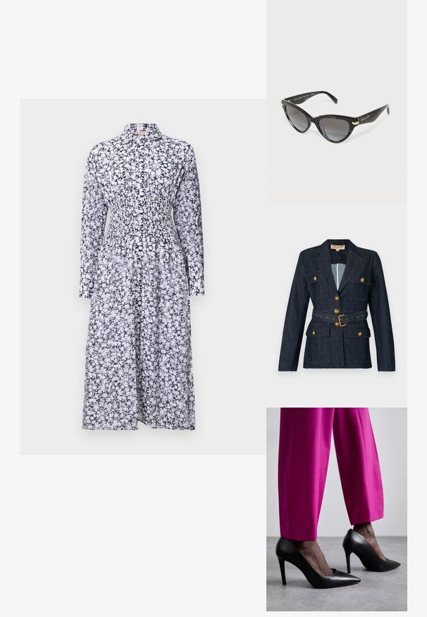 Mørk denim blazer med guldknapper og bælte, der har fire klaplommer og en spids krave.; Sort og hvid blomsterprintet kjole med krave, lange ærmer, smocket talje og flydende nederdel. Fremstillet af letvægtsstof.; Sorte højhælede sko med spids tå-design og glat læderstruktur. Kombineret med lyserøde, skræddersyede bukser.; Sorte cat-eye Michael Kors solbriller med gradient mørke linser og guld logo detaljer på stængerne mod en hvid baggrund.; Mørkebrun læderhåndtaske med trekantet form, strømlinet design, gyldne hardware-detaljer og en bred skulderrem.