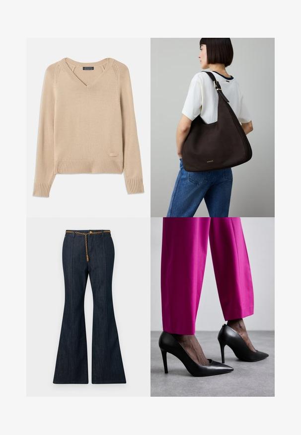 Mörk denimblazer med guldknappar och bälte, som har fyra fickor med klaff och en slagkrage.; Beige stickad tröja med V-ringning, ribbade muddar och fåll, med en liten etikett på nedersta vänstra sidan. Slät textur. Lätt design.; Mörk denim med utsvängda byxor med hög midja, prydda med ett guldkedjebälte och kontrasterande sömmar längs sömmarna.; Svarta högklackade skor med spetsig tådesign och slät lädertextur. Matchade med klarröda skräddarsydda byxor.; Mörkbrun läderhandväska med triangulär form, elegant design, gulddetaljer och bred axelrem.