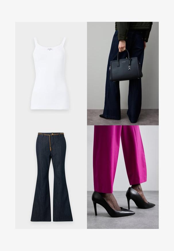Dark denim blazer with gold buttons and belt, featuring four flap pockets and a notched collar.; White ribbed tank top with thin straps, featuring a simple design and a fitted silhouette. Fabric is smooth with slight stretch.; Dark denim flared jeans with a high waist, featuring a gold chain belt and contrasting stitching along the seams.; Black high heel shoes with a pointed toe design and smooth leather texture. Paired with bright pink, tailored trousers.; Black leather handbag with a structured design, top handles, silver hardware, and a prominent MK logo detail. Worn with dark denim pants.