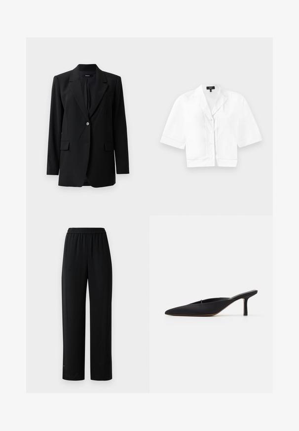 Blazer noir avec un revers cranté, fermeture à un bouton, deux poches avant et une texture subtile. Coupe ajustée adaptée à une tenue formelle.; Chemise blanche à manches courtes et coupe courte avec un col pointu, présentant un subtil point texturé le long de l'ourlet et une finition en tissu lisse.; Pantalons larges noirs en tissu lisse avec une taille élastique. Présentent une coupe droite et un minimum de détails. Conviennent pour un usage décontracté.; Mule noir à bout pointu avec un design élégant, fabriqué en tissu lisse, présentant un talon fin et un dos ouvert pour faciliter l'enfilage.