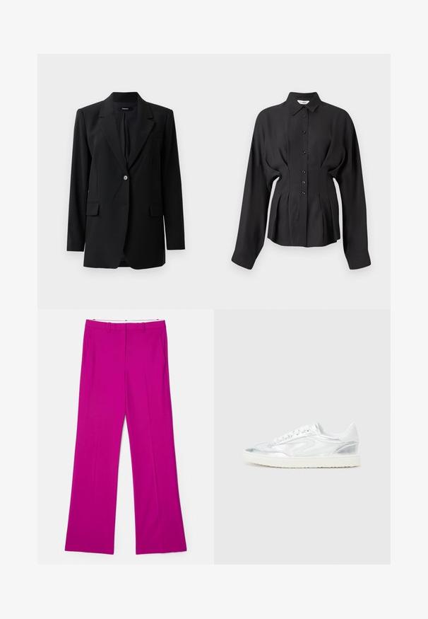 Sort blazer med stikkrave, enkelt knaplukning, to frontlommer og en subtil tekstur. Skræddersyet pasform, der er velegnet til formelt brug.; Sort langærmet skjorte i et glat stof, med knaplukning foran, buet kant og rynkede detaljer i taljen for en skræddersyet pasform.; Fuchsia viddebukser med en glat tekstur, der har for- lommer og et skræddersyet design for et struktureret udseende.; Hvide sneakers med metalliske sølv detaljer, glat tekstur, rund tå, flad sål og traditionelt snørebåndsdesign.