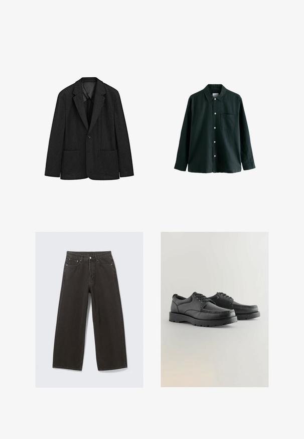 Schwarzer Wollblazer mit Reverskragen, einer Knopfleiste und zwei Fronttaschen. Glatte Textur und taillierter Schnitt.; Dunkelgrünes Hemd mit Knöpfen, einem Kragen, langen Ärmeln und einer einzelnen Brusttasche; verfügt über weiße Knöpfe und eine weiche Textur.; Hochwaisted, weit geschnittene schwarze Denim-Jeans verfügen über ein Fünf-Taschen-Design und einen Knopfverschluss. Der Stoff hat eine weiche, strukturierte Oberfläche.; Schwarze Lederschuhe mit strukturiertem Obermaterial, runder Spitze, Schnürdesign und dicken Gummisohlen mit einem Profil.