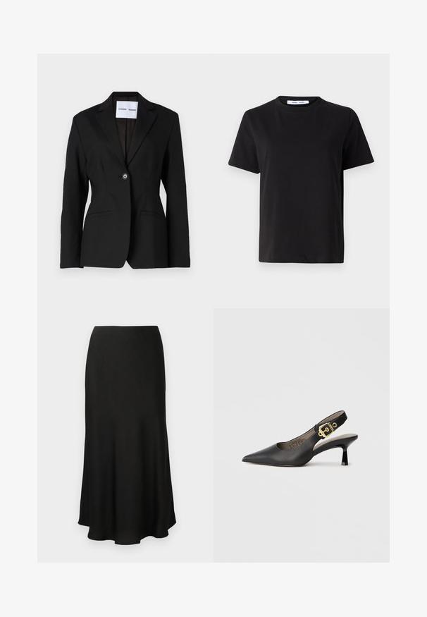Svart blazer med enkelt knappelukking, noterte lapeller og to frontlommer. Laget av glatt stoff, med en skreddersydd passform.; Svart kortermet t-skjorte laget av myk bomull, med rund hals, avslappet passform og en jevn tekstur. Ingen synlige mønstre eller grafikk.; Svart, flytende midi-skjørt laget av mykt stoff. Har en glatt midjebånd og en lett utsvingt kant med en elegant silhuett.; Svart slingback høyhelte sko med spiss tå, glatt skinn tekstur og en gullfarget spenne aksent på stroppen.
