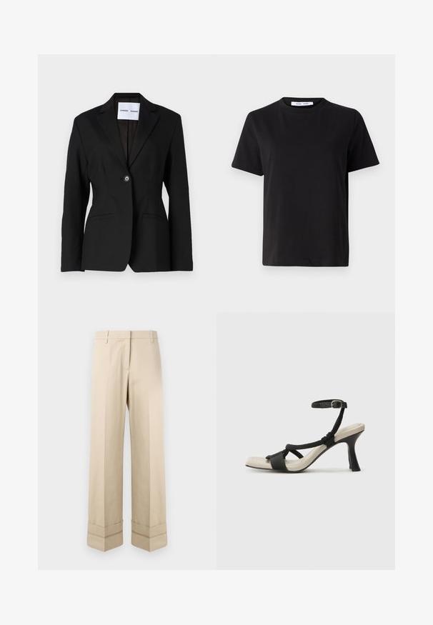 Mustern mustra, üksikult nööbiga kinnine, klapiga krae ja kaks esikotti. Valmistatud siledast kangast, millel on laitmatult sobitaud lõige.; Must have lühikeste varrukatega t-särk, mis on valmistatud pehmest puuvillast, ümmarguse kaelusega, lõdva sobivusega ja sileda tekstuuriga. Ei ole nähtavaid mustreid ega graafikat.; Beezid püksid sirge lõikega, millel on kaksikkant allservas ja lame esikülg. Valmistatud siledast ja vastupidavast kangast.; Mustad musta kontsaga sandaal, millel on punutud rihma disain, ruudukujuline varvas ja reguleeritav pahkluu rihm. Heleda beeži värvi jalapadi ja läikiv must konts.