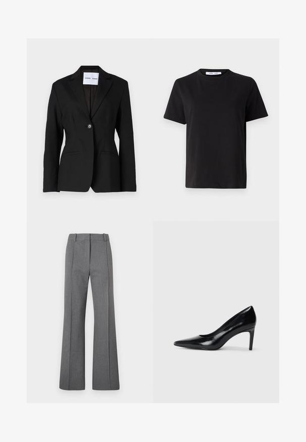 Fekete zakó egysoros gombolással, kerekített hajtókákkal és két elülső zsebével. Simának tűnő anyagból készült, testhezálló fazonnal.; Fekete, rövid ujjú póló, puha pamutból készült, kerek nyakkivágással, laza szabással és sima textúrával. Nincs látható minta vagy grafikák.; Szürke csíkos, trapéz fazonú nadrág sima elülső résszel, övhurkokkal és sima felülettel. Teljes hosszúságú dizájn, diszkrét mintázati részletekkel.; Fekete bőr magassarkú cipő, hegyes orral, sima textúrával és kúpos sarkal. Minimalista dizájn, nincsenek további díszítések.