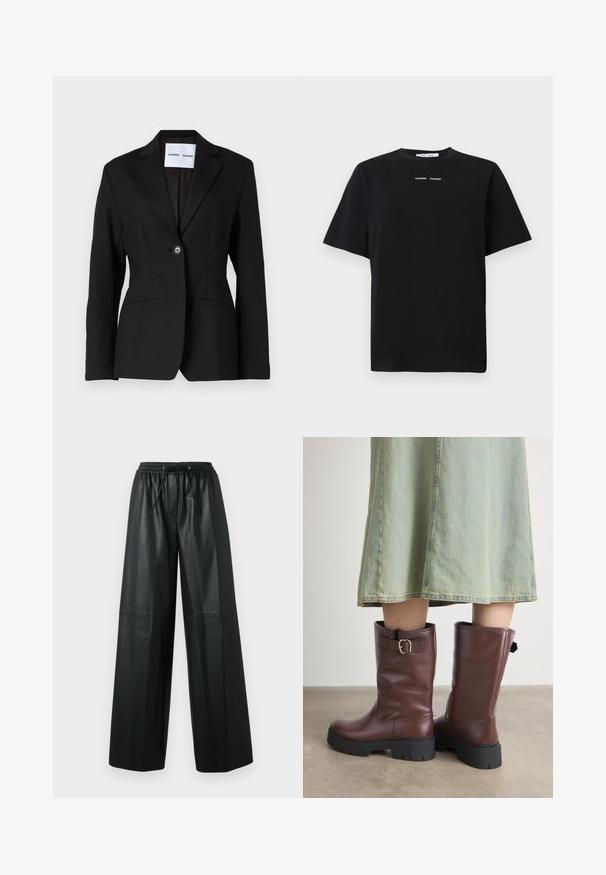 Svart blazer med enkelt knappelukking, noterte lapeller og to frontlommer. Laget av glatt stoff, med en skreddersydd passform.; Svart kortermet t-skjorte laget av bomull, med rund hals og to små hvite logoer sentrert på forsiden. Glatt tekstur.; Svart lær bukser med vid benvidde, elastisk midje, snor detaljer og glatt tekstur. Har søm detaljer på forsiden.; Brune skinn høye støvler med teksturert overflate, med en side spenne detalj og kraftige svarte gummisåler.