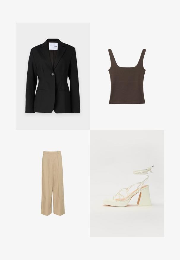 Čierny sako s jedným gombíkom, so zárezy na klopách a dvoma prednými vreckami. Vyrobené z hladkej látky, s oblečeným strihom.; Hnedý bezrúškový top so štvorcovým výstrihom, vyrobený z mäkkého, elastického materiálu. Má priliehavý strih a ploché švy.; Béžové široké nohavice s prednými záhybmi, opaskom na loop a hladkou, ľahkou textúrou látky.; Biele sandále na vysokom opätku s hrubým podpätkom, s pruhovaným dizajnom a viazaním na členku. Hladký povrch s platformou vpredu pre zvýšenú výšku.
