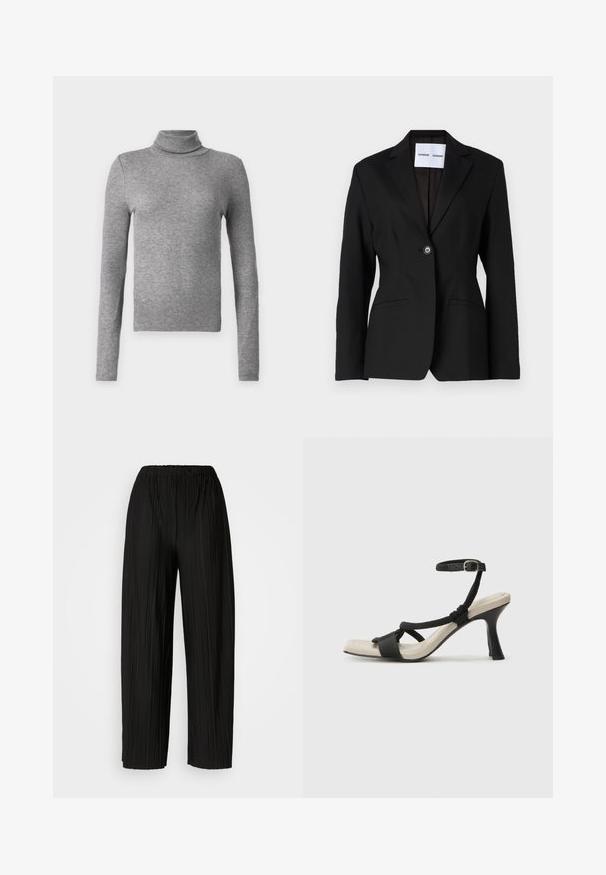 Mustern mustra, üksikult nööbiga kinnine, klapiga krae ja kaks esikotti. Valmistatud siledast kangast, millel on laitmatult sobitaud lõige.; Hallide hallavi krae, mis on valmistatud ribakudumist, omab pikki varsiaid ja peenikest disaini. Lihtne ja mitmekülgne kihtideks kandmiseks või iseseisvaks kandmiseks.; Mustad voodri laiad püksid elastse vöökoha ja vertikaalsete volangidega, millel on sile tekstuur.; Mustad musta kontsaga sandaal, millel on punutud rihma disain, ruudukujuline varvas ja reguleeritav pahkluu rihm. Heleda beeži värvi jalapadi ja läikiv must konts.