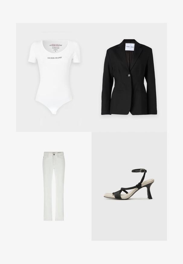 Mustern mustra, üksikult nööbiga kinnine, klapiga krae ja kaks esikotti. Valmistatud siledast kangast, millel on laitmatult sobitaud lõige.; Valge sobiv bodi puuvillast, millel on ümar kaelus ja lühikesed varrukad. Sisaldab diskreetset nööbist sulgemist all.; Valged teksad slimmis, 5-tasku disainiga ja kontrastsete õmblustega. Omavad nööpkinnitust ja diskreetset brändi märkust vöökoha juures.; Mustad musta kontsaga sandaal, millel on punutud rihma disain, ruudukujuline varvas ja reguleeritav pahkluu rihm. Heleda beeži värvi jalapadi ja läikiv must konts.