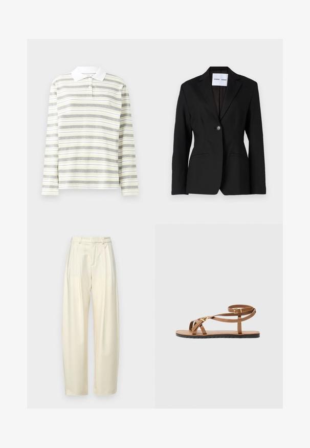 Blazer negru cu închidere cu un singur nasture, rever în stil notched și două buzunare frontale. Realizat dintr-un material neted, având o croială adaptată.; Cămașă polo cu mâneci lungi, dintr-un amestec ușor de bumbac, cu dungi verticale alternative în nuanțe de gri, galben și alb. Guler alb și trei butoane.; Pantaloni plisati, cu talie inalta, dintr-un material crem deschis. Prezintă o croială dreaptă și o textură netedă. Fără buzunare sau accesorii vizibile.; Sandal din piele maro cu un design subțire cu curele, având o cataramă cu ton de aur și o talpă neagră plată cu margine în zigzag.
